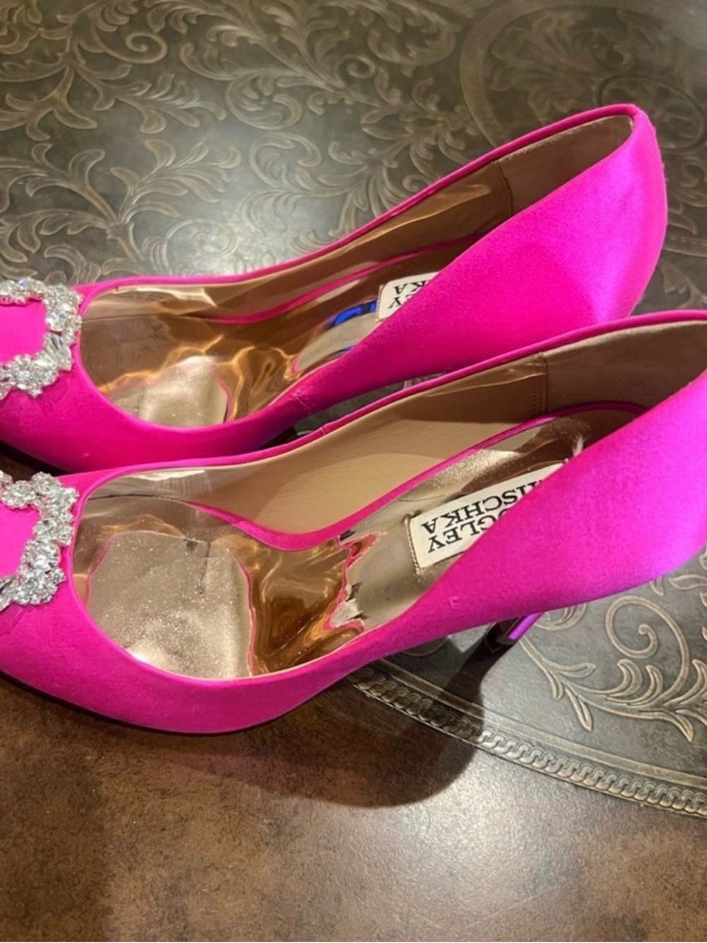 Badgley Mischka Pink Satin Pointed-Toe Crystal Buckle Pump - Picture 4 of 6